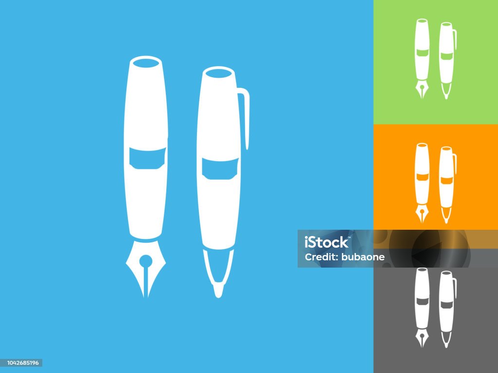 Pen Set Flat Icon on Blue Background Pen Set Flat Icon on Blue Background. The icon is depicted on Blue Background. There are three more background color variations included in this file. The icon is rendered in white color and the background is blue. Writing - Activity stock vector