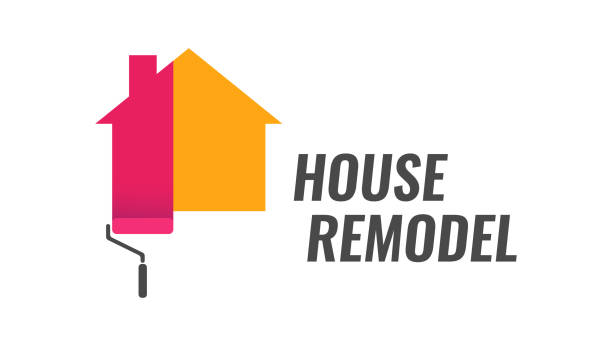 House Remodel Emblem House Remodel, Vector Logo with Dyeing House and Caption. Style emblem isolated on white background. house painting service stock illustrations