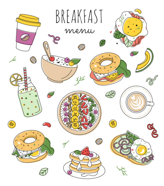ilustrações de stock, clip art, desenhos animados e ícones de set of morning food illustrations. healthy breakfast menu design. editable stroke - coffee fried egg breakfast toast