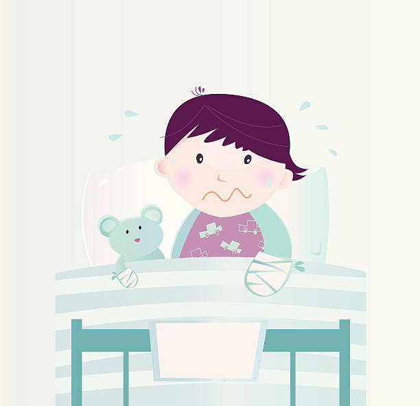 Ill child with broken hand and teddy bear in hospital vector art illustration