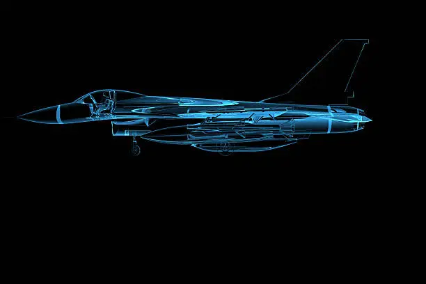 Photo of 3D rendered blue xray transparent f16 falcon