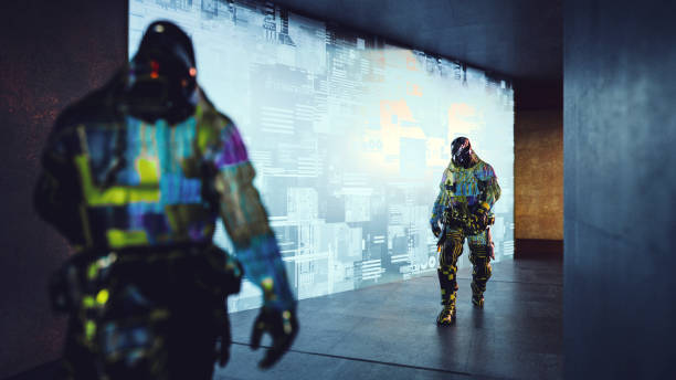 istock Futuristic cyborg mercenaries walking in underground tunnel 1042699446