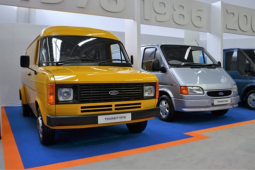 Munich, Germany - September 3rd, 2012: The presentation of classic Ford Transit vehicles (second and third generation) on the exhibition point. These models were the ones of the most popular delivery vans in Europe.