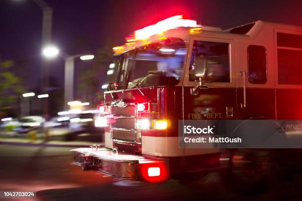 First Responder Stock Photo - Download Image Now - Fire Engine, Illuminated, Accidents and Disasters