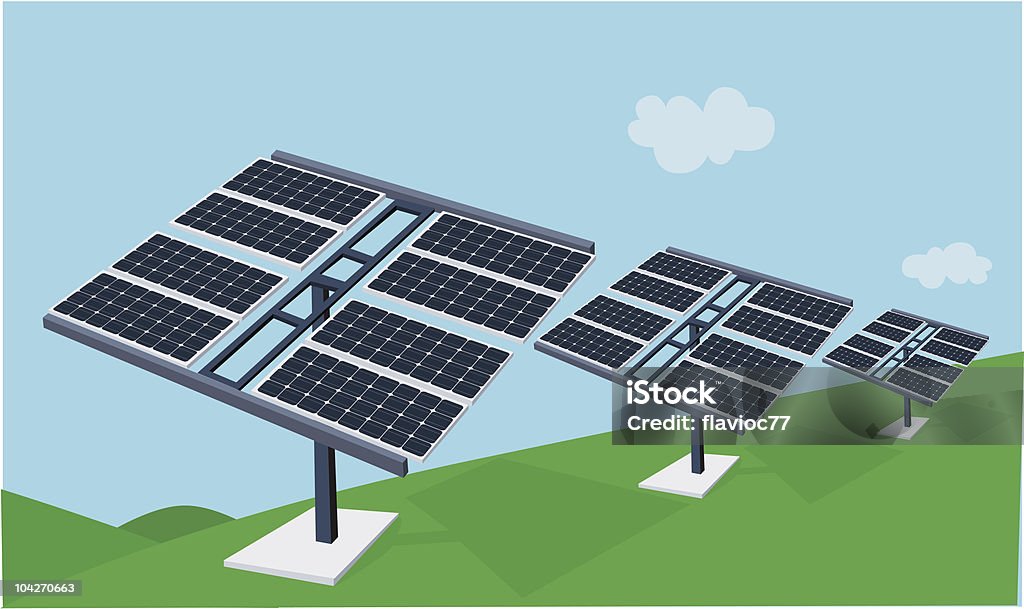 Installazione di pannelli solari per creare energia - arte vettoriale royalty-free di Economia verde