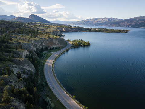 Aerial panoramic view of Okanagan Lake during a sunny summer day. Taken near Penticton, BC, Canada.