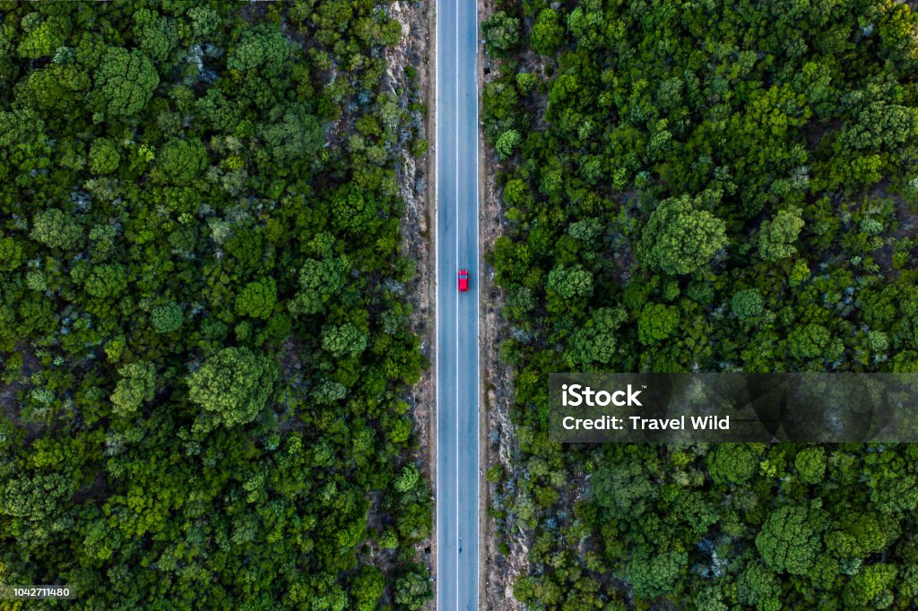 Vista aerea di un'auto rossa che corre lungo una strada fiancheggiata da una foresta verde. - Foto stock royalty-free di Strada