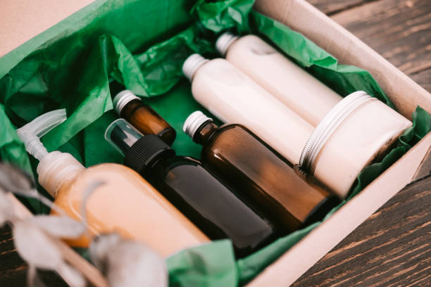 Beauty box with bottles of natural cosmetics stock photo