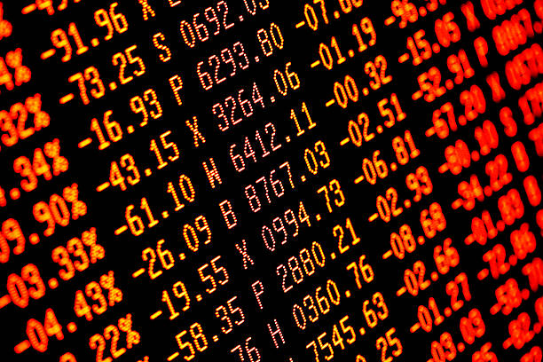 Red disguise numbers representing stock market crash Trading screen financial data in red. Sell-off. Selective focus. Focus is appx central. Heavy selling. stock market crash photos stock pictures, royalty-free photos & images