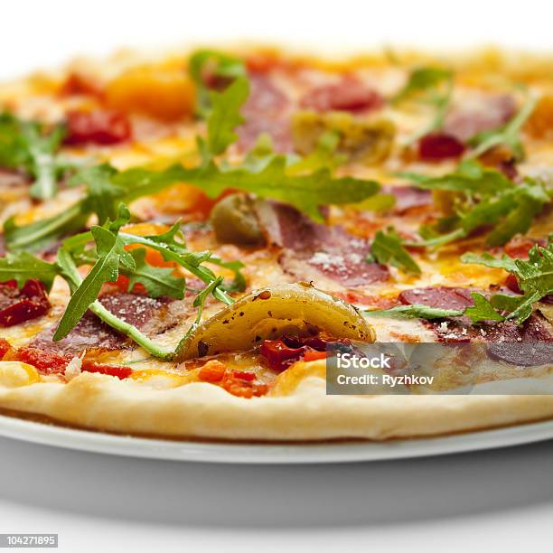 Duck Meat Pizza Stock Photo - Download Image Now - Arugula, Baked, Cheese