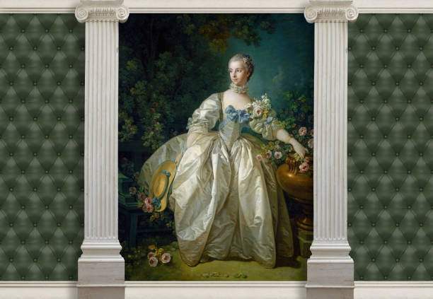 The main features of classicism: restraint, aristocracy, sophistication. The color 3d background for the walls is dark green and noble. 3d background in classical style, columns and effect of quilted leather, painting François Boucher Madame Bergeret 1766.