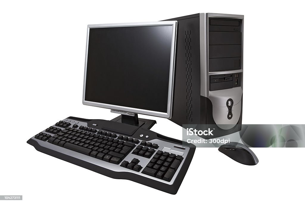 Desktop computer with clipping path Desktop computer with lcd monitor, keyboard and mouse, "isolated on white". "With clipping path" Computer Monitor Stock Photo