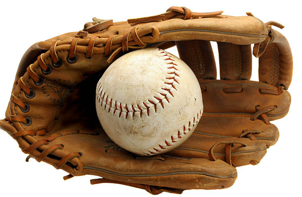 Worn Baseball Mitt and Ball  baseball isolated on white stock pictures, royalty-free photos & images