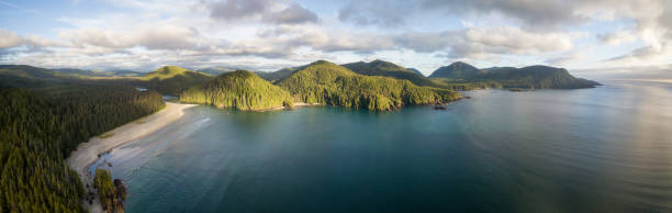 Pacific Ocean Aerial Striking aerial panoramic view of the Pacific Ocean Coast during a vibrant summer sunset. Taken in San Josef Bay, Cape Scott, Northern Vancouver Island, BC, Canada. pacific coast stock pictures, royalty-free photos & images
