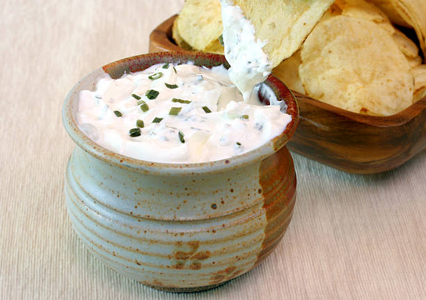 Sour Cream Chive Dip and Chips  dipping stock pictures, royalty-free photos & images