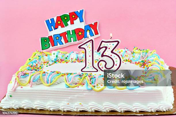 Birthday Cake With Number 13 And Lit Party Candles Stock Photo - Download Image Now