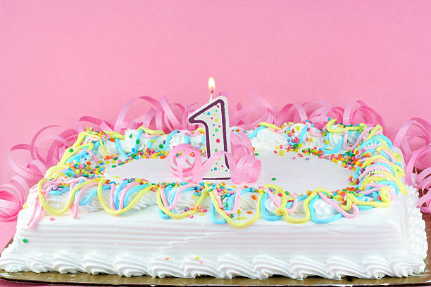 istock Pretty birthday cake decorated and with one lit candle. 104274192