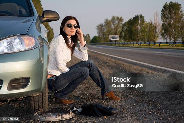 Woman Calling For Help From The Road Stock Photo - Download Image Now - Flat - Physical Description, Tire - Vehicle Part, Car