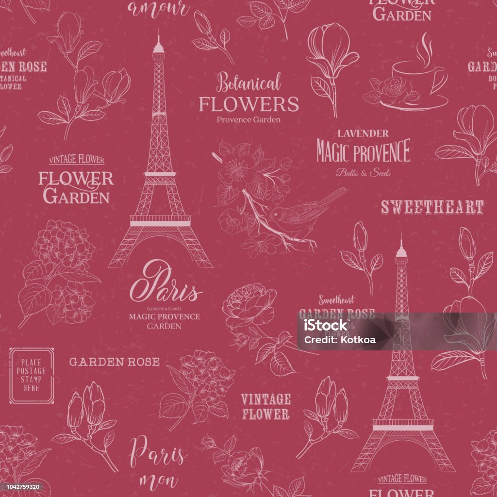 Paris Pattern Red Paris Romantic Seamless Pattern Spring Tour Swatch With Birds Flowers ...