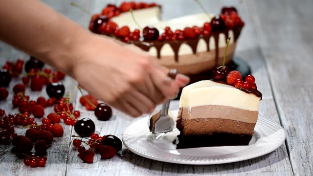Piece of delicious three chocolate mousse cake decorated with fresh berry.
