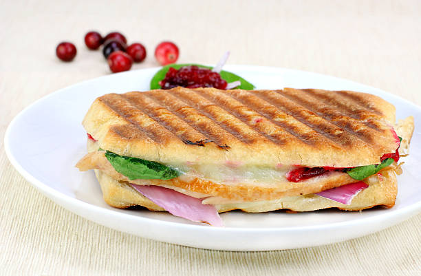 panini-sandwich mit frischem türkei, spinat und geschmolzenem käse und preiselbeeren. - sandwich turkey cranberry cheese stock-fotos und bilder