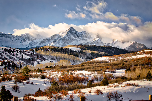 Hills and Valleys Leading to San Juan Mountains in Winter in Colorado