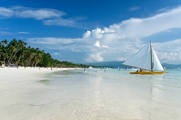 Boracay Island's famous white sand beach on a sunny day. The beach features clean, white sand stretching across the frame. Numerous palm trees can be seen along the shoreline. The sea appears calm and displays crystal-clear waters with a color palette transitioning from turquoise near the shore to dark blue in the distance. The sky is clear, revealing a vibrant blue hue without any clouds. Positioned at the center of the image are white boats parked on the beach, adding a visual element to the overall scene.