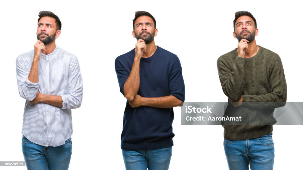 Collage of handsome young indian man over isolated background with hand on chin thinking about question, pensive expression. Smiling with thoughtful face. Doubt concept. Men Stock Photo