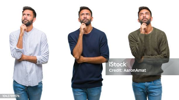 Collage Of Handsome Young Indian Man Over Isolated Background With Hand On Chin Thinking About Question Pensive Expression Smiling With Thoughtful Face Doubt Concept Stock Photo - Download Image Now