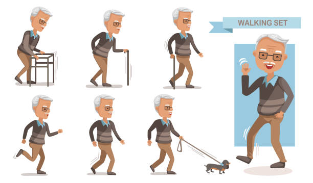 ilustrações de stock, clip art, desenhos animados e ícones de elderly man walking - old cane isolated on white white background