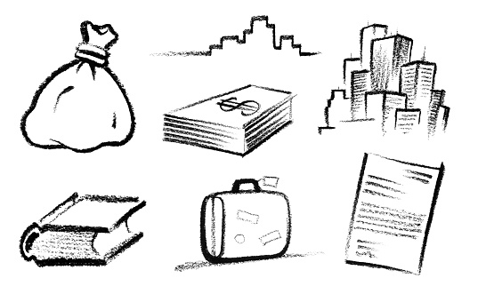 various sketches of icon-like symbolic objects for several purposes