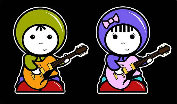 Vector illustration of funky boy and girl playing guitars