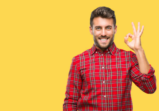 istock Young handsome man over isolated background smiling positive doing ok sign with hand and fingers. Successful expression. 1042816596
