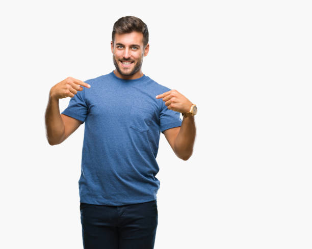 istock Young handsome man over isolated background looking confident with smile on face, pointing oneself with fingers proud and happy. 1042817088