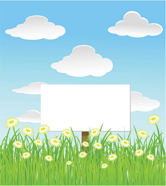 vector background with sky, grass and clouds vector art illustration