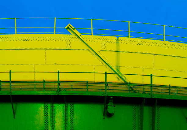 Close-up at nautical or cargo boat desk stairway platform with yellow caution line. Trnasportation object photo, selective focus on the floor or banister part.