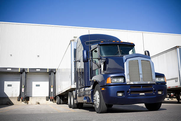 รถบรรทุกขนส่งสีฟ้าเทียบท่าที่คลังสินค้า - trucking ภาพสต็อก ภาพถ่ายและรูปภาพปลอดค่าลิขสิทธิ์