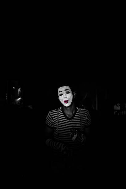Miming people at dark with mask, miming artist face reaction, miming artist surprise reaction