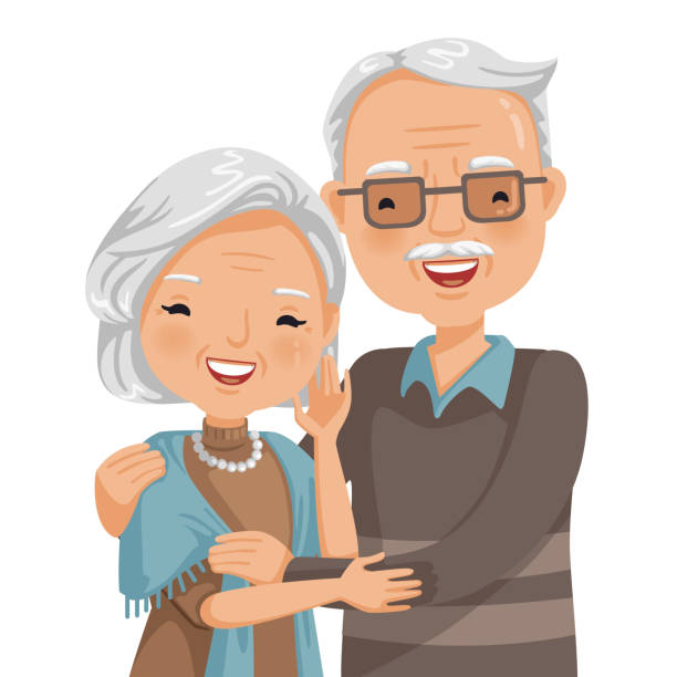 elderly couple smiling elderly couple smiling. Old woman and old man couple embrace affectionately. Feeling happy of granddaddy and grandmother retirement Age. Vector illustration isolated white background. old man smiling stock illustrations
