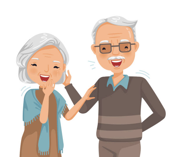 elderly laughing Couple elderly laughing together. Cheerful senior. Portrait of handsome and beautiful grandmother and grandfather in emotion relaxing. Vector illustrations isolated on white background. old man smiling stock illustrations