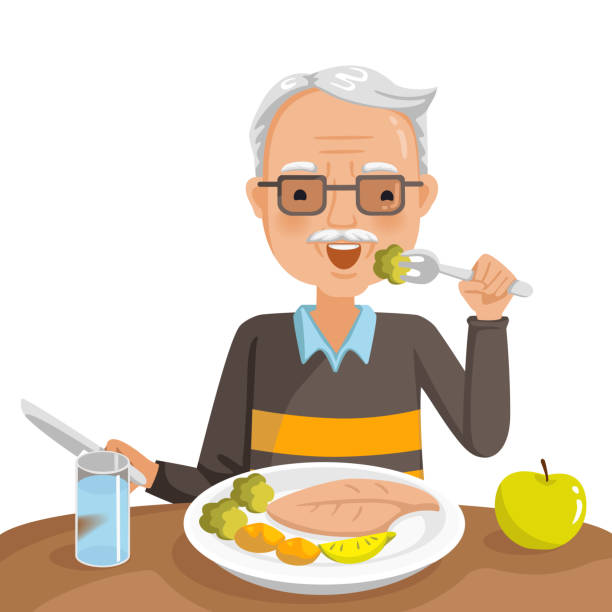 elderly man eating elderly man eating. He is sitting Eat fish steak on the table, apple and glass. Healthy food concept for the elderly. Vector illustration isolated white background. hair grey stock illustrations