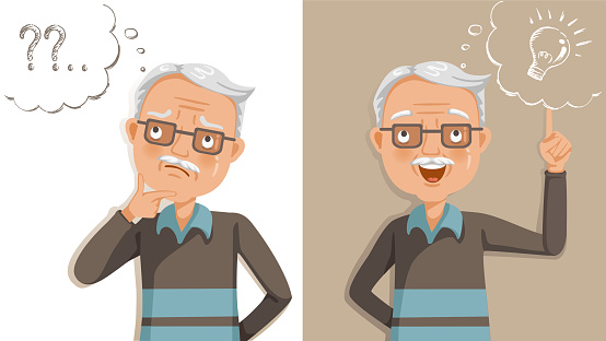 elderly thinking. Emotions and gestures. Think not, do not understand, Think out. Concept learning of brain and alzheimer's disease of elderly. Cartoon illustrations vector. The contradictory emotions