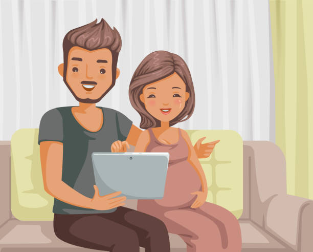 妊娠中のカップル読書 - computer couple laptop home interior点のイラスト素材／クリップアート素材／マンガ素材／アイコン素材