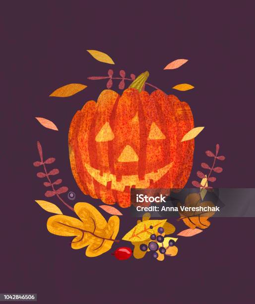 Abstract Halloween Jackolantern And Leaves Stock Illustration - Download Image Now - Anthropomorphic Face, Anthropomorphic Smiley Face, Art