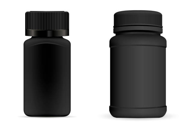 istock Pills bottles. Black round and square medical container for drugs, diet, nutritional supplements. Vector illustration isolated on white background. 1042846728