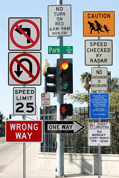 Information Overload Street intersection congested with street signs no parking sign photos stock pictures, royalty-free photos & images