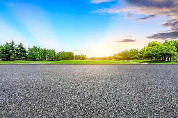 istock Asphalt road and green forest with colorful clouds at sunset 1042862436