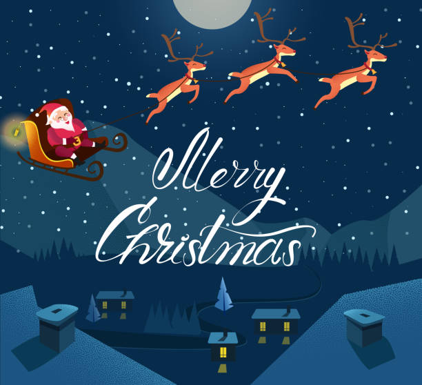 istock Merry Christmas card with Santa Claus and winter landscape. 1042863020
