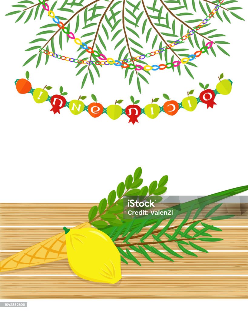 Jewish holiday of Sukkot, four species Four species, etrog, lulav, hadass and aravah, symbols of Jewish holiday Sukkot on wooden table, date palm branches, garland with hebrew text - Happy Sukkot, greeting card Sukkoth Festival stock vector