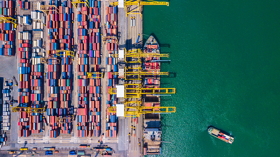 Top view Aerial view of Deep water port with cargo ship and container Singapore